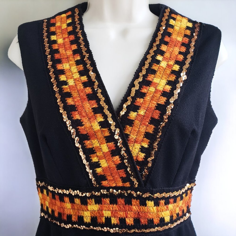Vintage 70s black maxi dress with yellow/orange woven trim and gold sequins - Picture 2 of 8